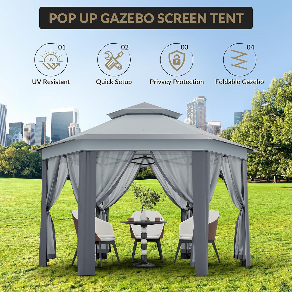 13x13ft Popup Hexagonal Gazebo with Mosquito Net, Adjustable Outdoor Hexagonal Canopy with Portable Handbag for Garden/Backyard/Patio - Gray (Light Gray+Dark Gray)