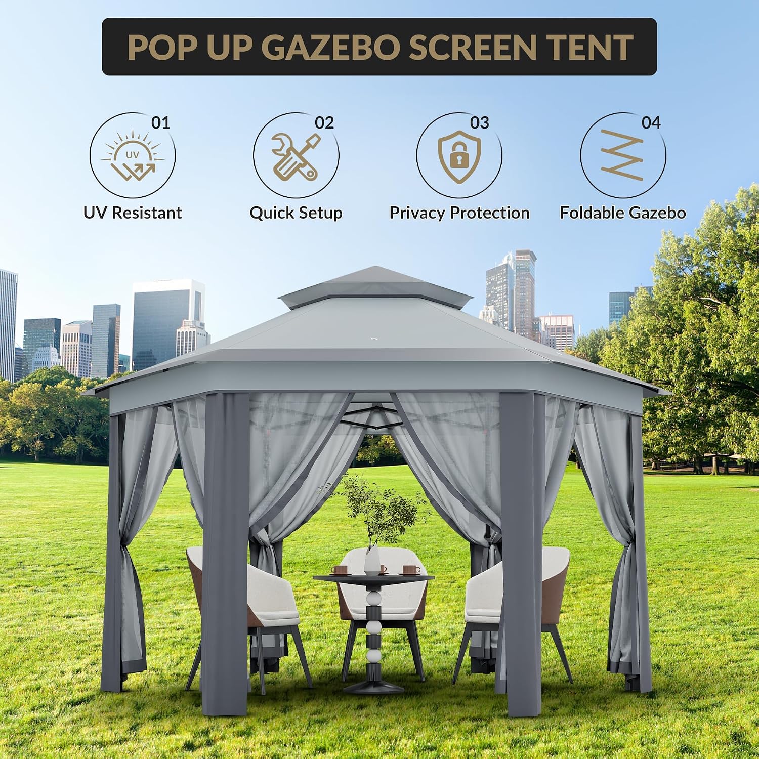 13x13ft Popup Hexagonal Gazebo with Mosquito Net, Adjustable Outdoor Hexagonal Canopy with Portable Handbag for Garden/Backyard/Patio - Gray (Light Gray+Dark Gray)