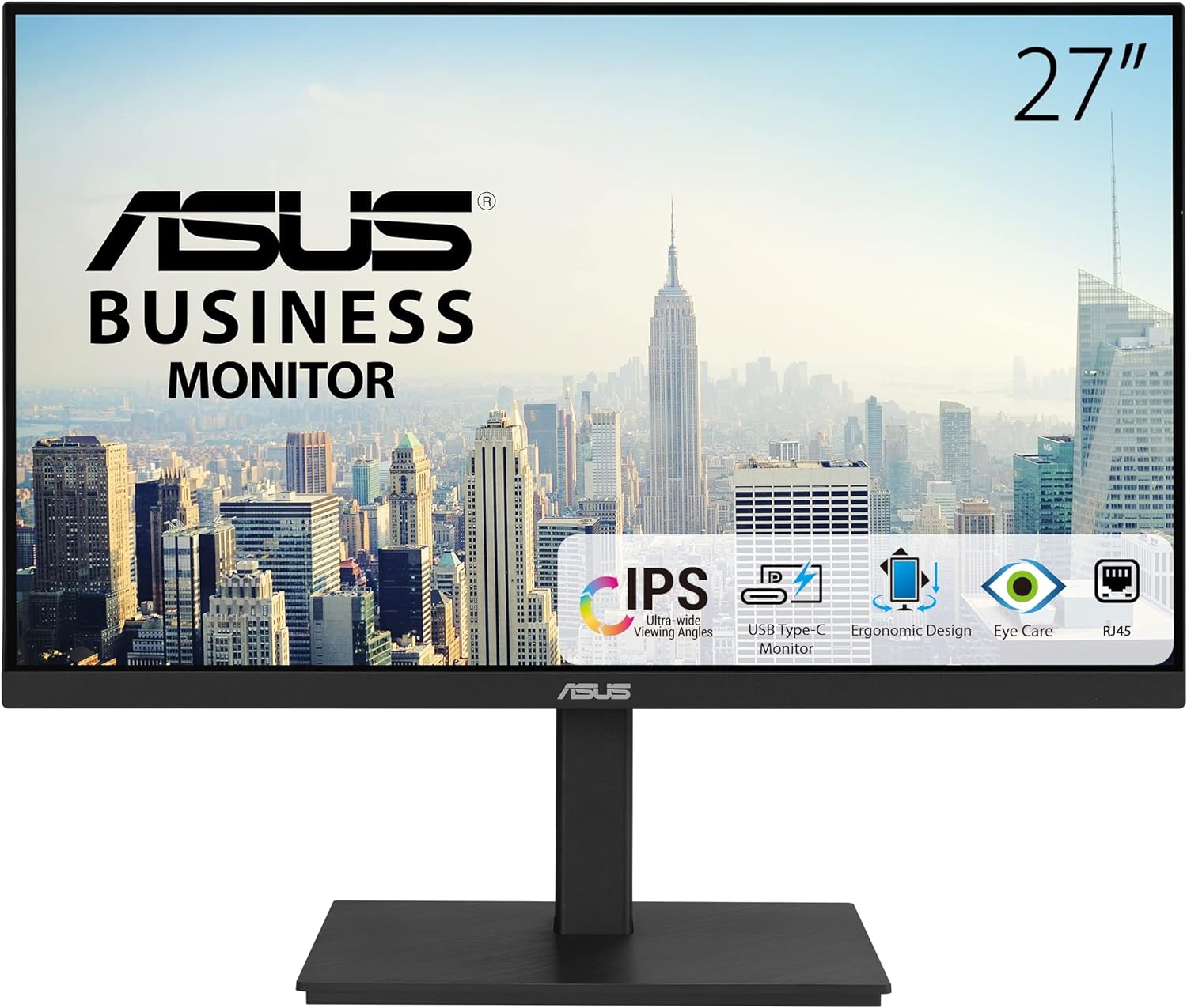 ASUS 27' 1080P Docking Monitor (VA27ECPSN) – Full HD, IPS, 75Hz, Adaptive-Sync, Speakers, Eye Care, Low Blue Light, Flicker Free, RJ45, USB-C, DisplayPort, HDMI, Height Adjustment, VESA Wall Mountable