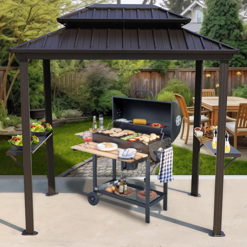 Kozyard 6' x 8' BBQ Hardtop Grill Gazebo, Outdoor Barbecue Shelter with Double Galvanized Metal Roof, Aluminum BBQ Gazebo with 2 Side Shelves for Outdoor Grilling Station (Brown, 6ft x 8ft)