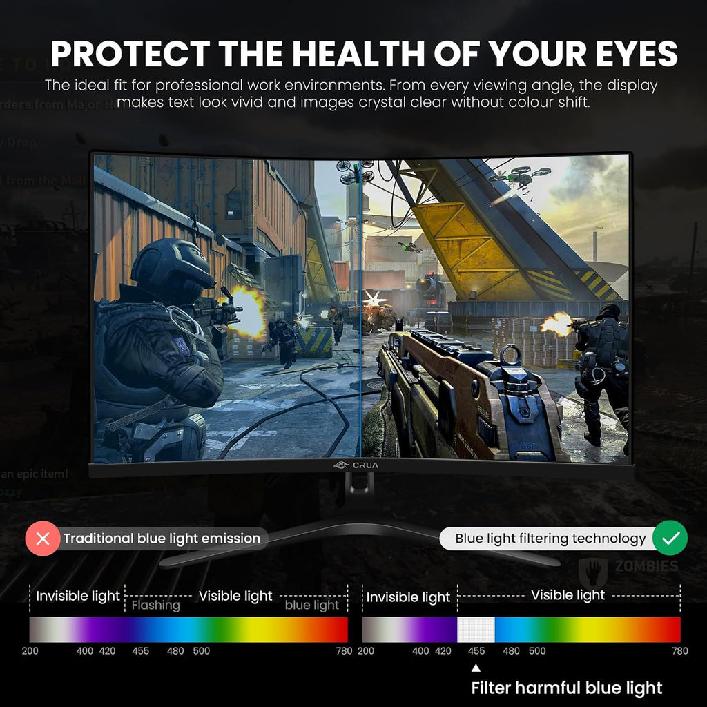 CRUA 27' Curved Gaming Monitor, FHD 1920x1080P, 144Hz/180Hz Computer Monitor, 1800R VA Screen, 120% sRGB, AMD FreeSync, HDMI & DP, Wall Mount Install- Black