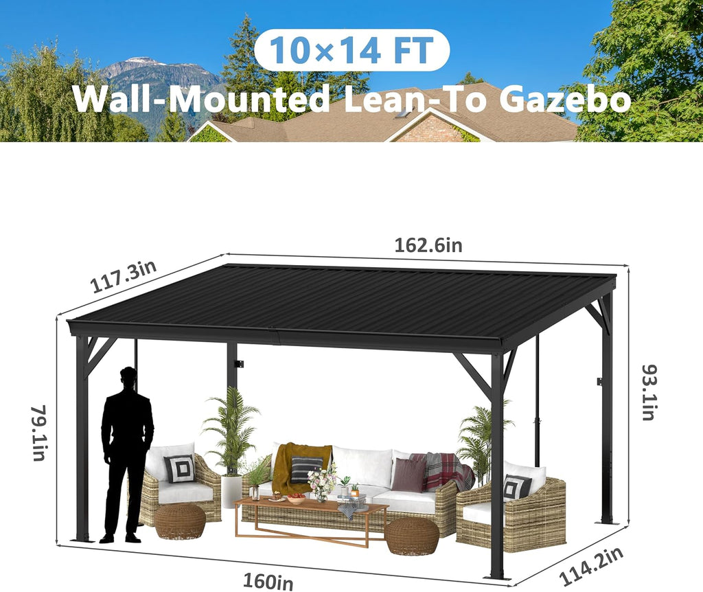 Yardenaler 10x14 FT Hardtop Wall-Mounted Gazebo, Lean to Gazebo with Sloped Aluminum Roof, Outdoor Pergola Canopy with Triangle Structure & Adjustable Support Posts for Patio, Deck, Yard, Black