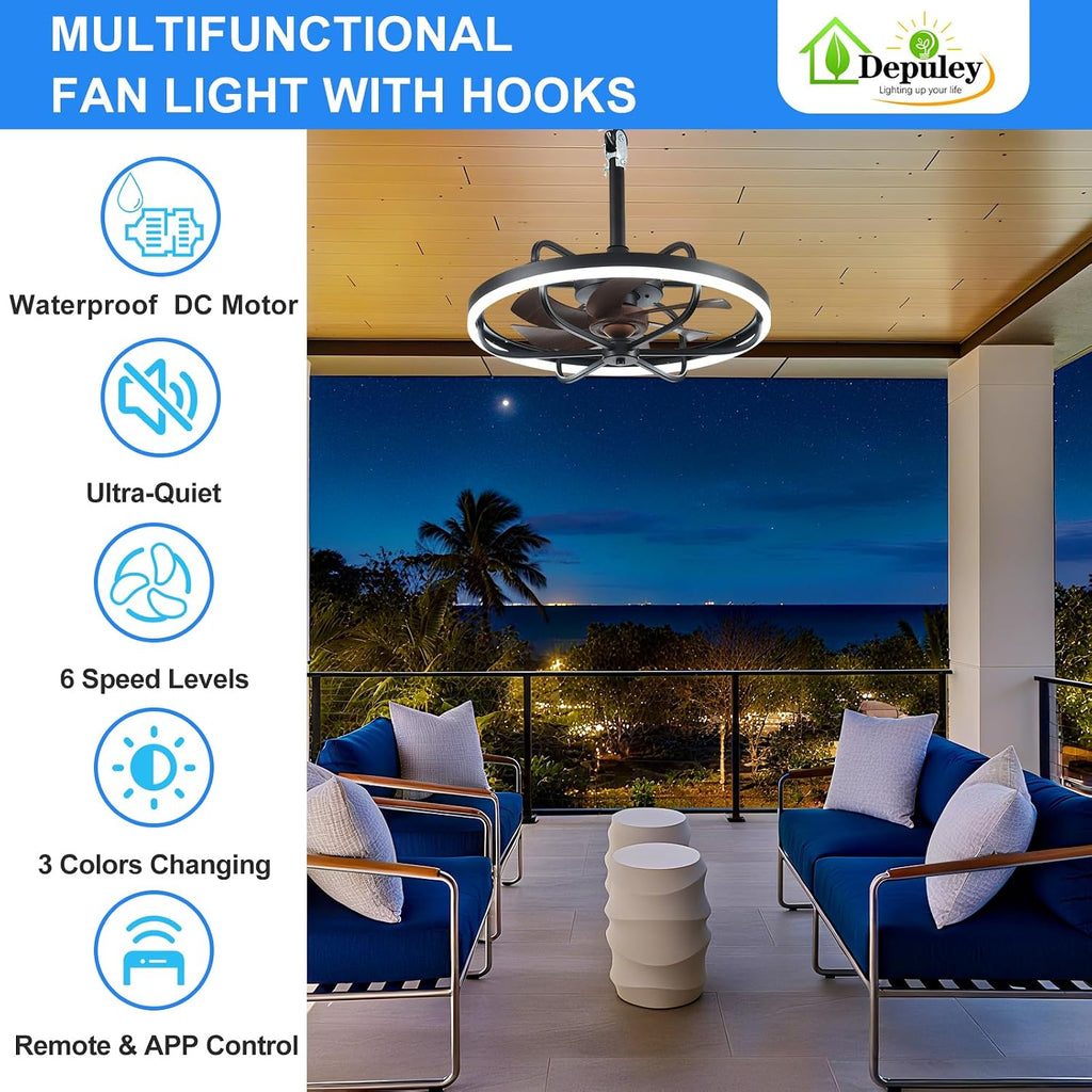 Depuley 20' Outdoor Ceiling Fan with Lights, Walnut and Black Waterproof Gazebo Hanging Fan with Remote App Control, Dimmable Plug in Caged Outdoor Ceiling Fans for patios Porch 6-Speeds
