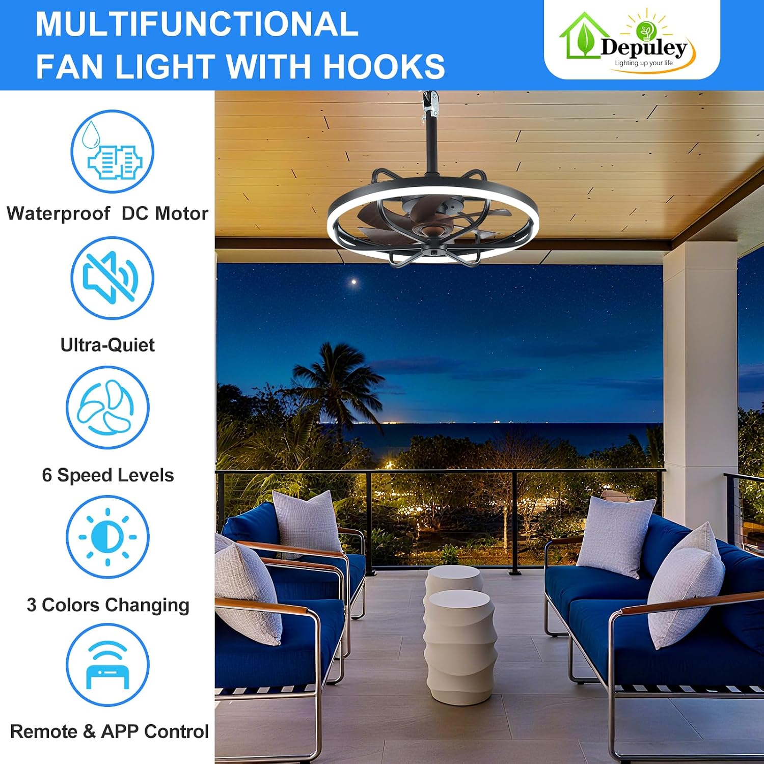 Depuley 20' Outdoor Ceiling Fan with Lights, Walnut and Black Waterproof Gazebo Hanging Fan with Remote App Control, Dimmable Plug in Caged Outdoor Ceiling Fans for patios Porch 6-Speeds