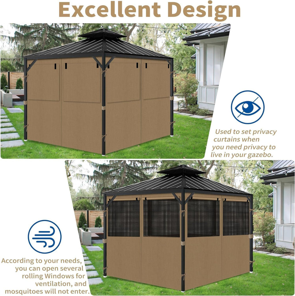 Gazebo Privacy Curtains 10' x 12' with Mosquito Windows, 4-Panels Side Wall with Zipper Universal Replacement for Patio, Outdoor Canopy, Garden and Backyard, Khaki (Curtain Only)