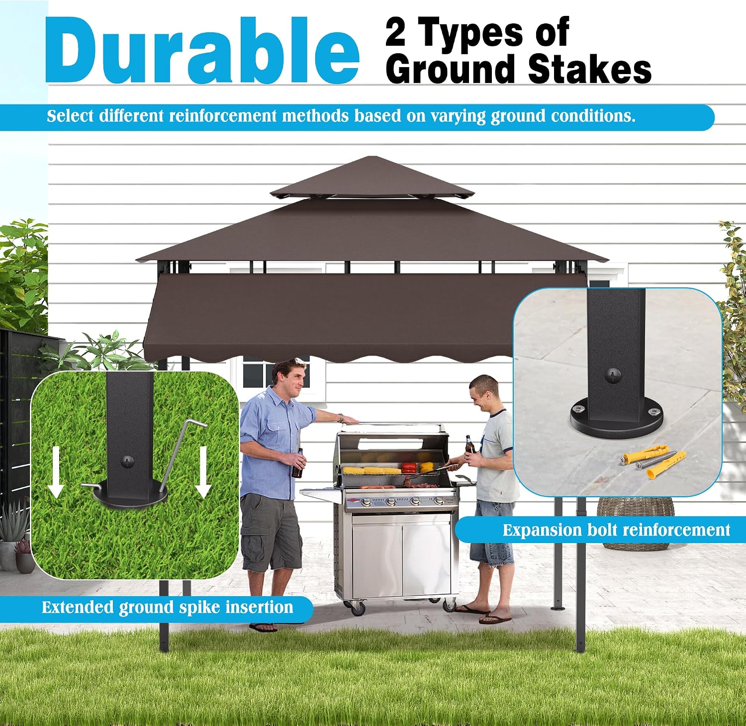 TITIMO 8'x 8' x 7.8' Double Tiered Grill Gazebo with Side Awning,Outdoor Patio BBQ Pergola, Heavy-Duty Metal Frame Canopy Tent with Side Shelves,Hooks,Bottle Opener for Lawn Deck and Garden (Brown)