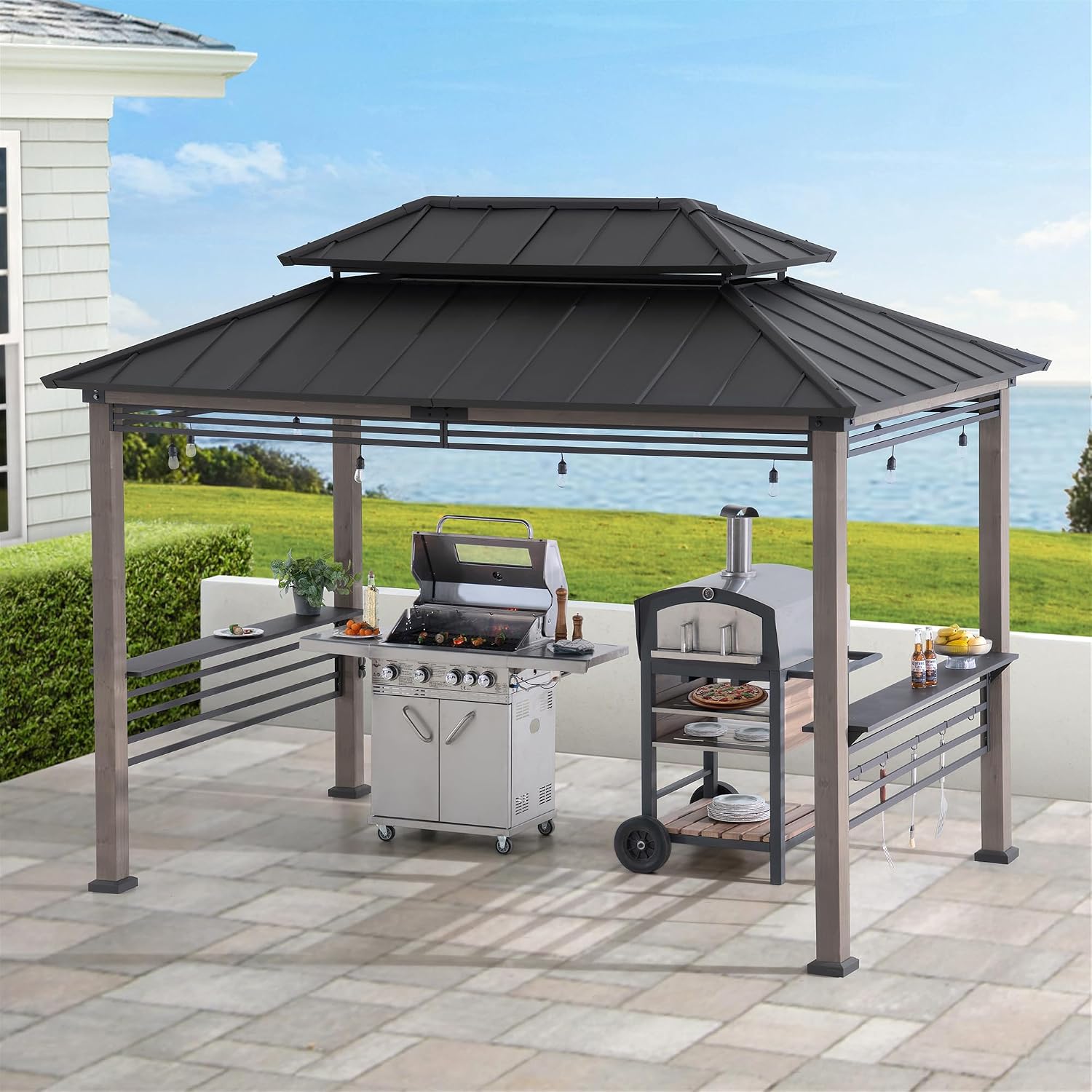 Sunjoy Wooden Grill Gazebo with AC Power Port, 8 x 12 ft. Steel Hardtop Outdoor Gazebo for Year-Round Grilling, Cedar Framed Gazebo with Built-in Electrical Outlets and Decorative Fence, Black