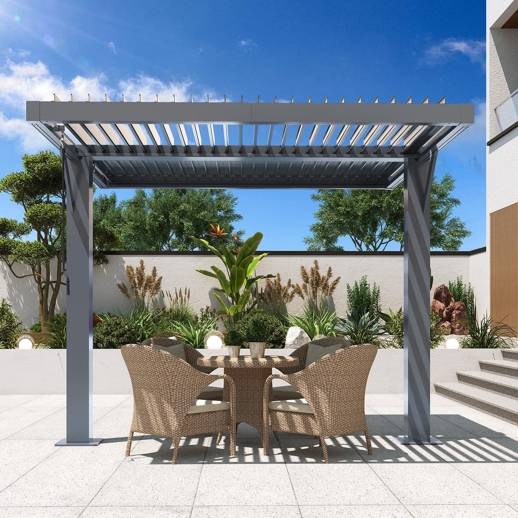 MELLCOM Louvered Pergola 10x10, Outdoor Shade Structure with 6' Aluminum Posts, Modern Aluminum Pergola with Adjustable Roof, Hardtop Gazebo Carport for Patio