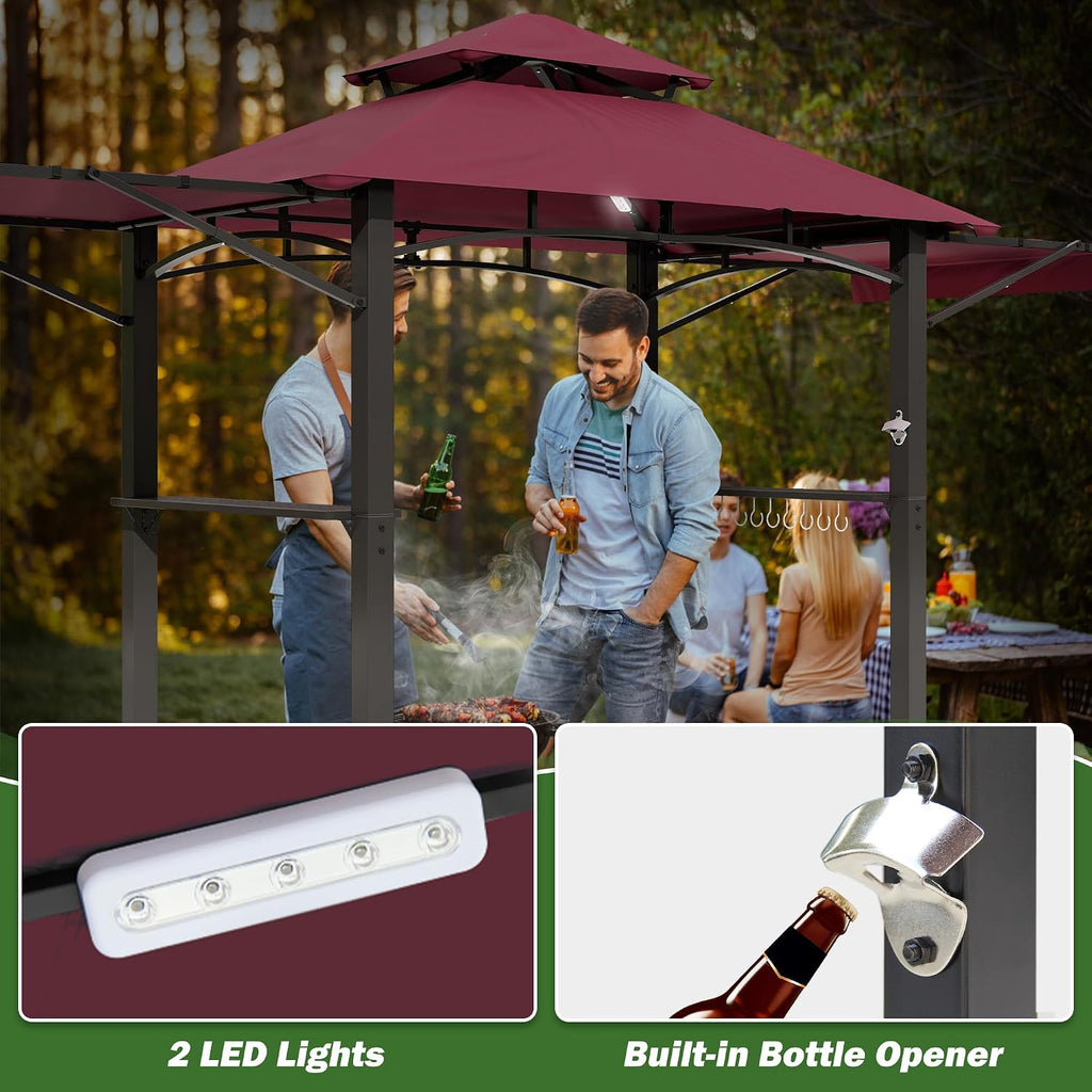 GARTOO 8'x5' Outdoor Grill Gazebo with 2 Side Awnings - Double Roof BBQ Gazebo Canopy with LED Lights and 2 Side Shelves, Patio BBQ Pergola Shelter for Garden, Porch and Backyard (Red)