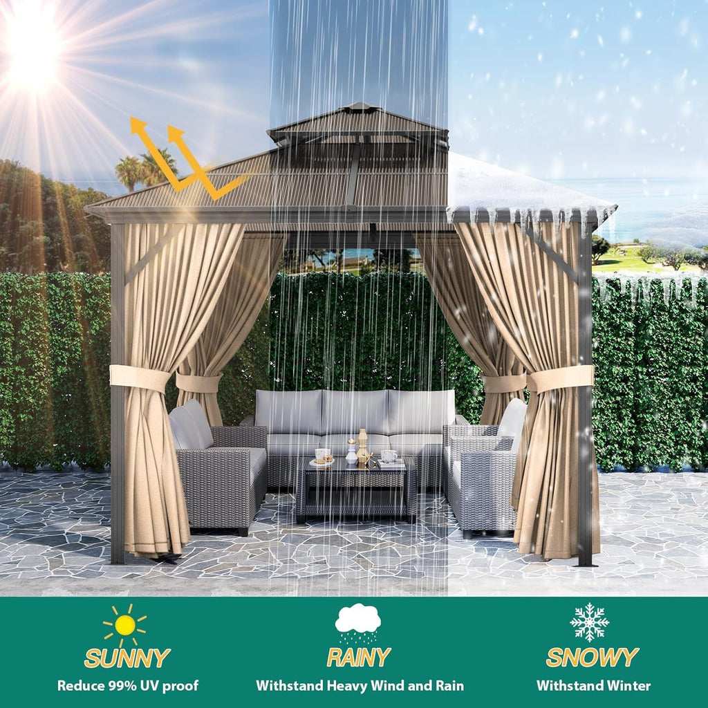 10X13FT Outdoor Hardtop Gazebo with Aluminum Frame, Heavy-Duty Double Roof Polycarbonate Gazebo Including Mesh Netting and Sunshade Curtains, for Patios, Terraces, Lawns, Decks, Brown + Khaki