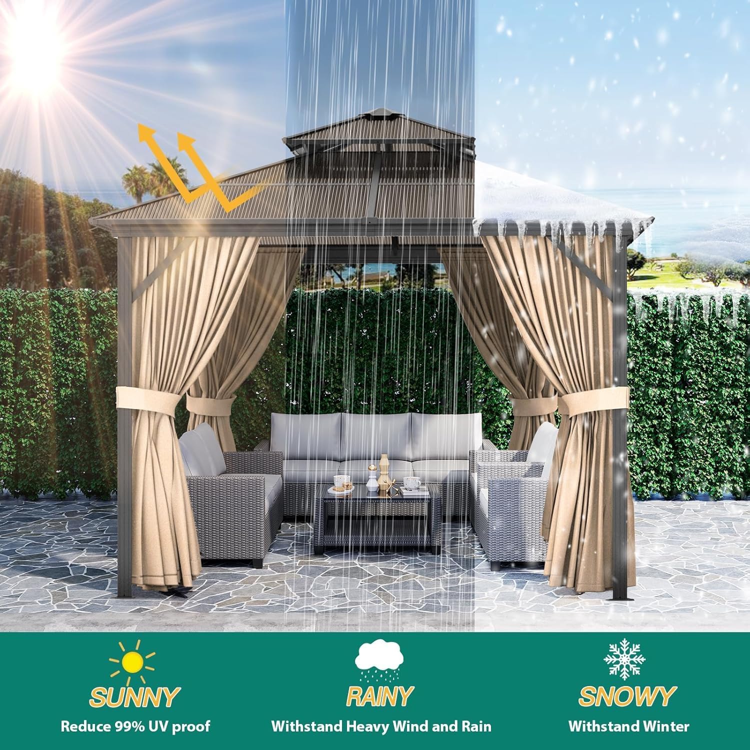10X13FT Outdoor Hardtop Gazebo with Aluminum Frame, Heavy-Duty Double Roof Polycarbonate Gazebo Including Mesh Netting and Sunshade Curtains, for Patios, Terraces, Lawns, Decks, Brown + Khaki