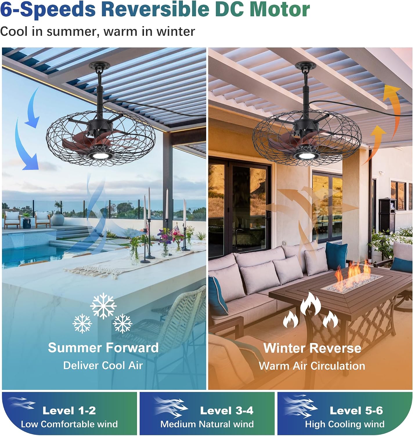 PAZALA 20' Gazebo Ceiling Fans with Lights and Remote Control, Waterproof Enclosed Caged Ceiling Fan with 3 Color LED Light, Portable Hanging Outdoor Fan with Plug in Cord Hook for Patios Black