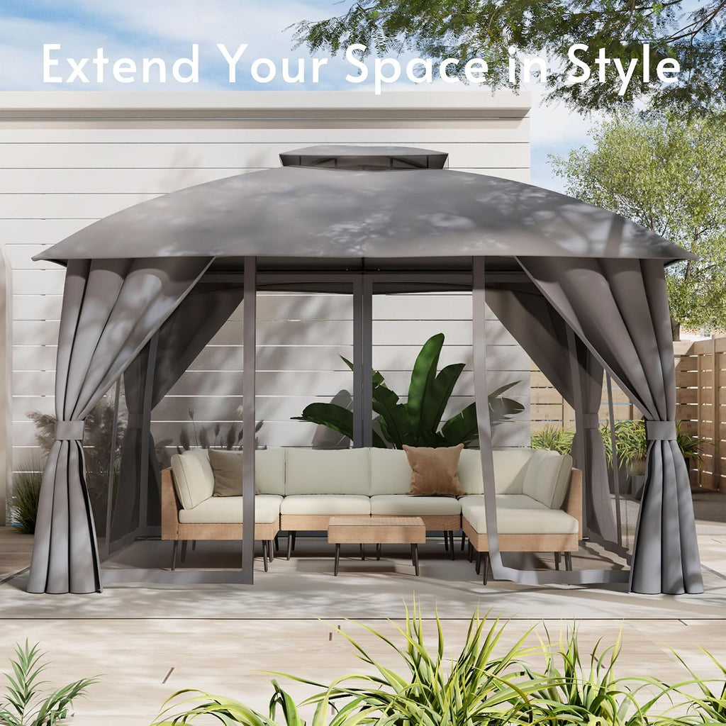 Gazebo 10x12(Canopy Size) with Mosquito Netting & Privacy Screens. Double Roof Design Outdoor Gazebo with Trapezoidal Support System for Patio, Deck, Backyard, Garden & Lawns