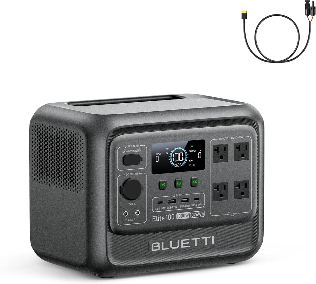BLUETTI Elite 100 V2 Portable Power Station and Solar Cable, 1024Wh LFP Battery Backup w/ 4 1800W AC Ports (3600W Surge), 35% Smaller, Fast Charge and UPS Solar Generator for Camping, Road Trip