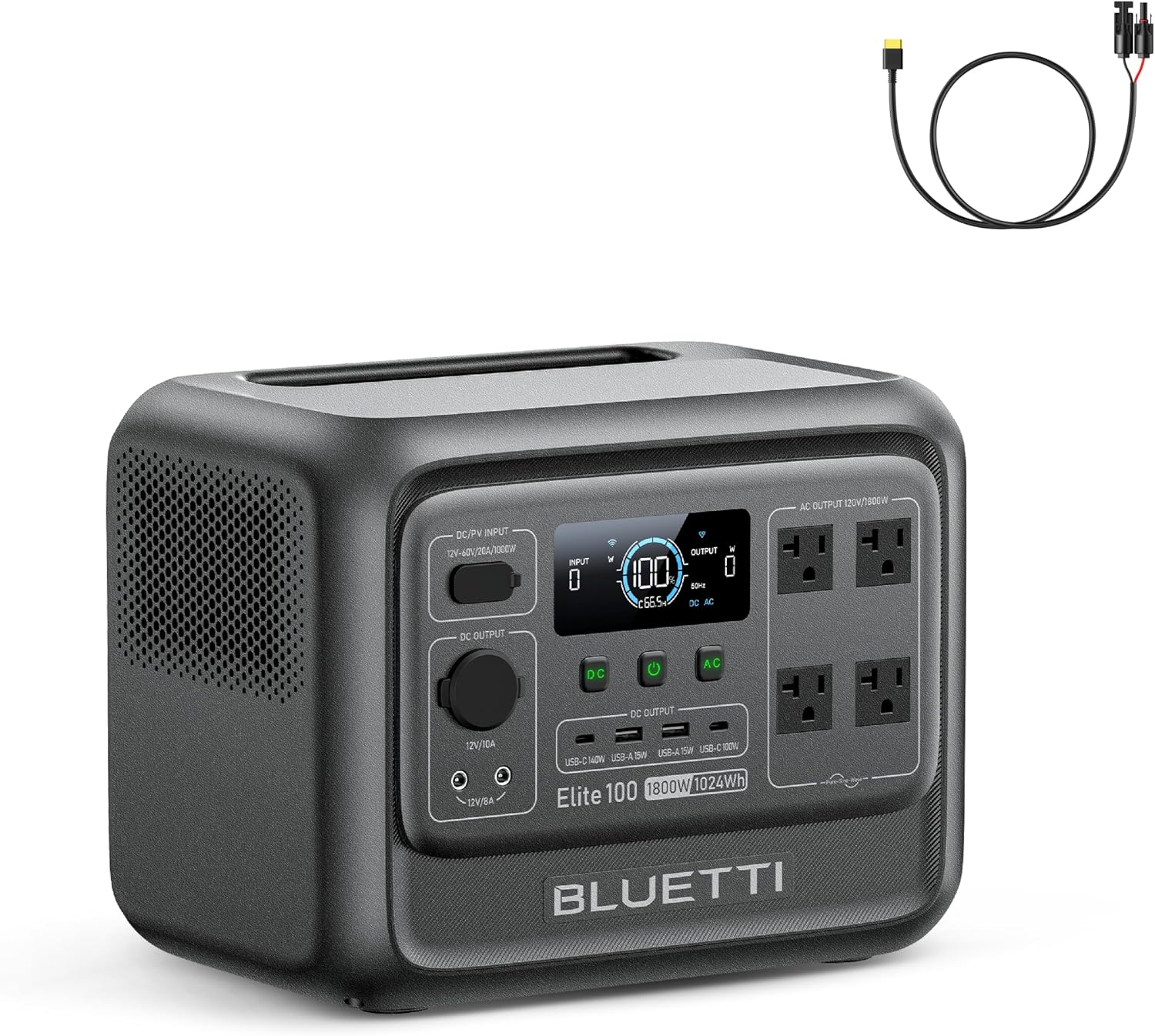 BLUETTI Elite 100 V2 Portable Power Station and Solar Cable, 1024Wh LFP Battery Backup w/ 4 1800W AC Ports (3600W Surge), 35% Smaller, Fast Charge and UPS Solar Generator for Camping, Road Trip