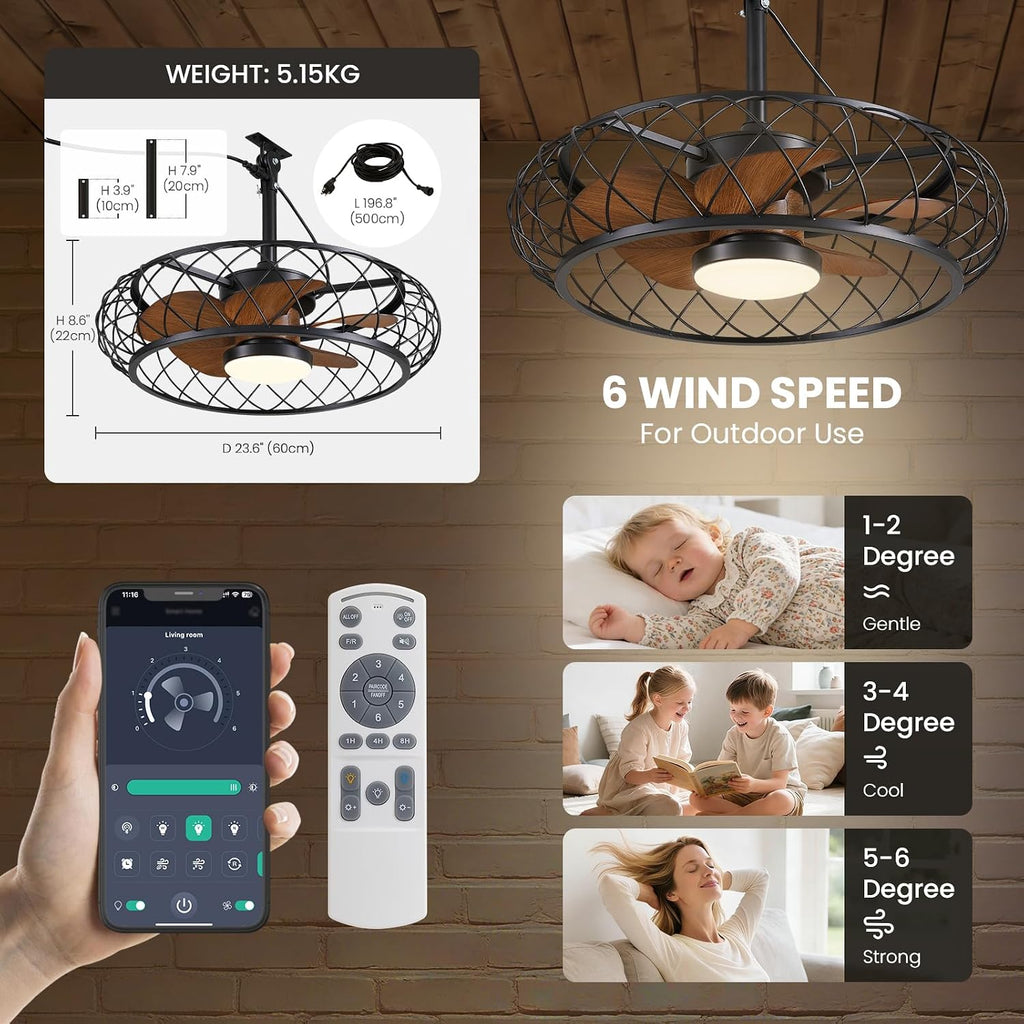 24' Outdoor Ceiling Fan with Lights Hanging Plug in Caged Outdoor Fan Remote APP Control 3CCT Dimmable, Quiet Reversible DC Motor Waterproof for Patio Pergola Porch Canopy Walnut