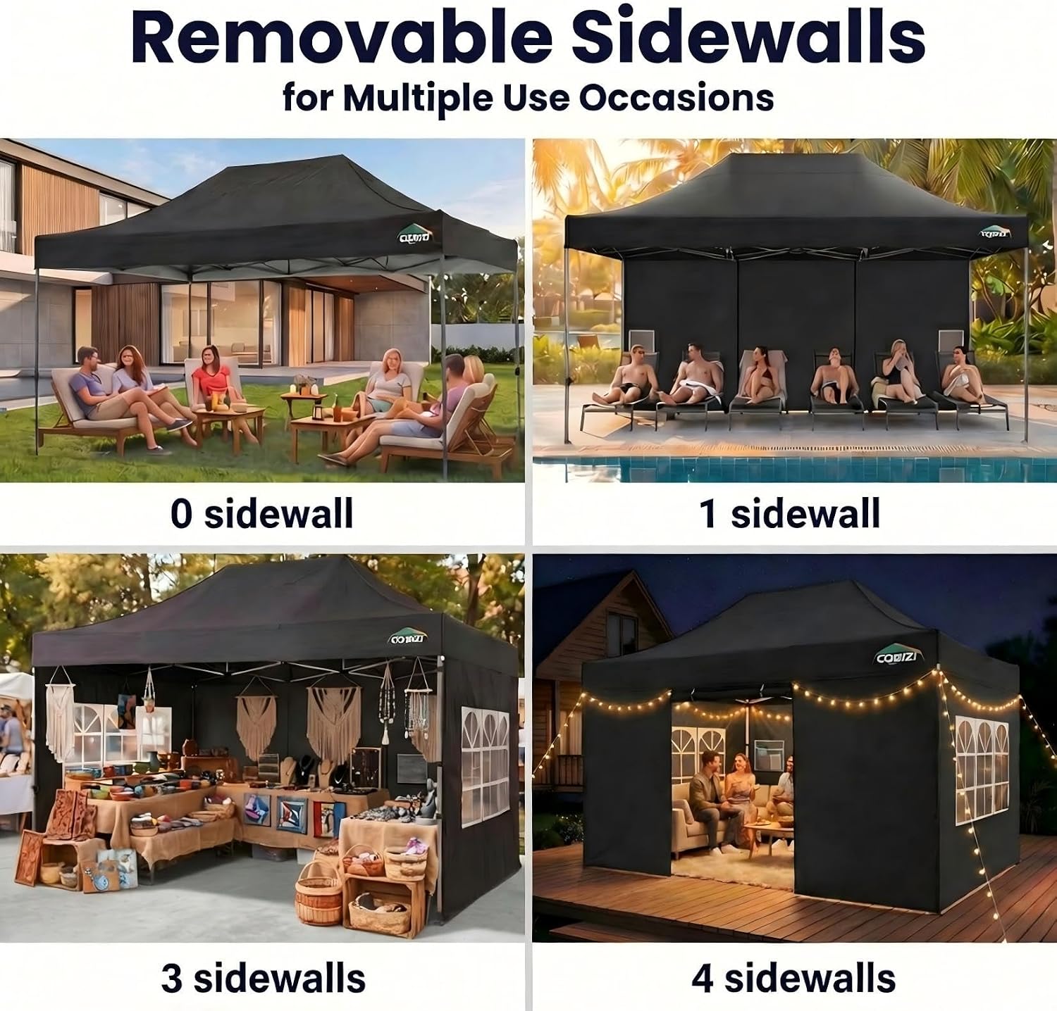 COBIZI 10x15 Pop Up Canopy with 4 Sidewall,Heavy Duty Canopy UPF 50+ All Season Wind Waterproof Commercial Outdoor Wedding Party Tents for Parties Gazebo with Carry Bag(10 x 15 ft Black)