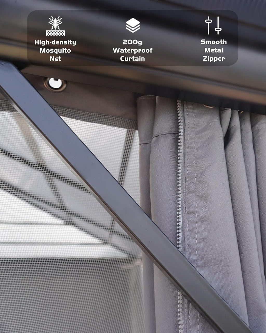GarveeLife Hardtop Gazebo 12 ft x16 ft for All Weather, Double Polycarbonate Sheets Roof, Aluminum Alloy Frame, Net, and Curtain, Permanent Building for Patio, Deck, Backyard, Lawn, and Garden, Gray