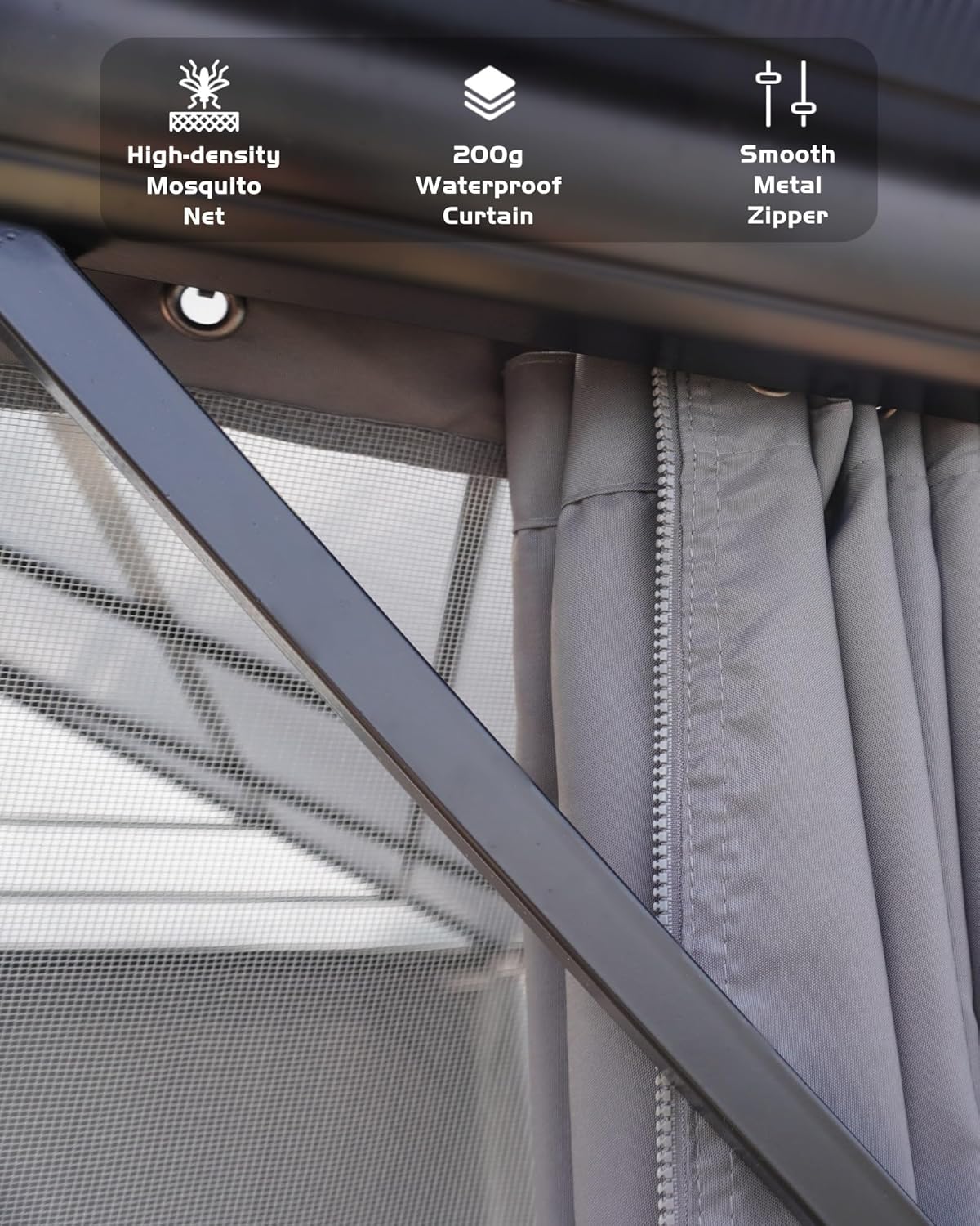 GarveeLife Hardtop Gazebo 12 ft x16 ft for All Weather, Double Polycarbonate Sheets Roof, Aluminum Alloy Frame, Net, and Curtain, Permanent Building for Patio, Deck, Backyard, Lawn, and Garden, Gray