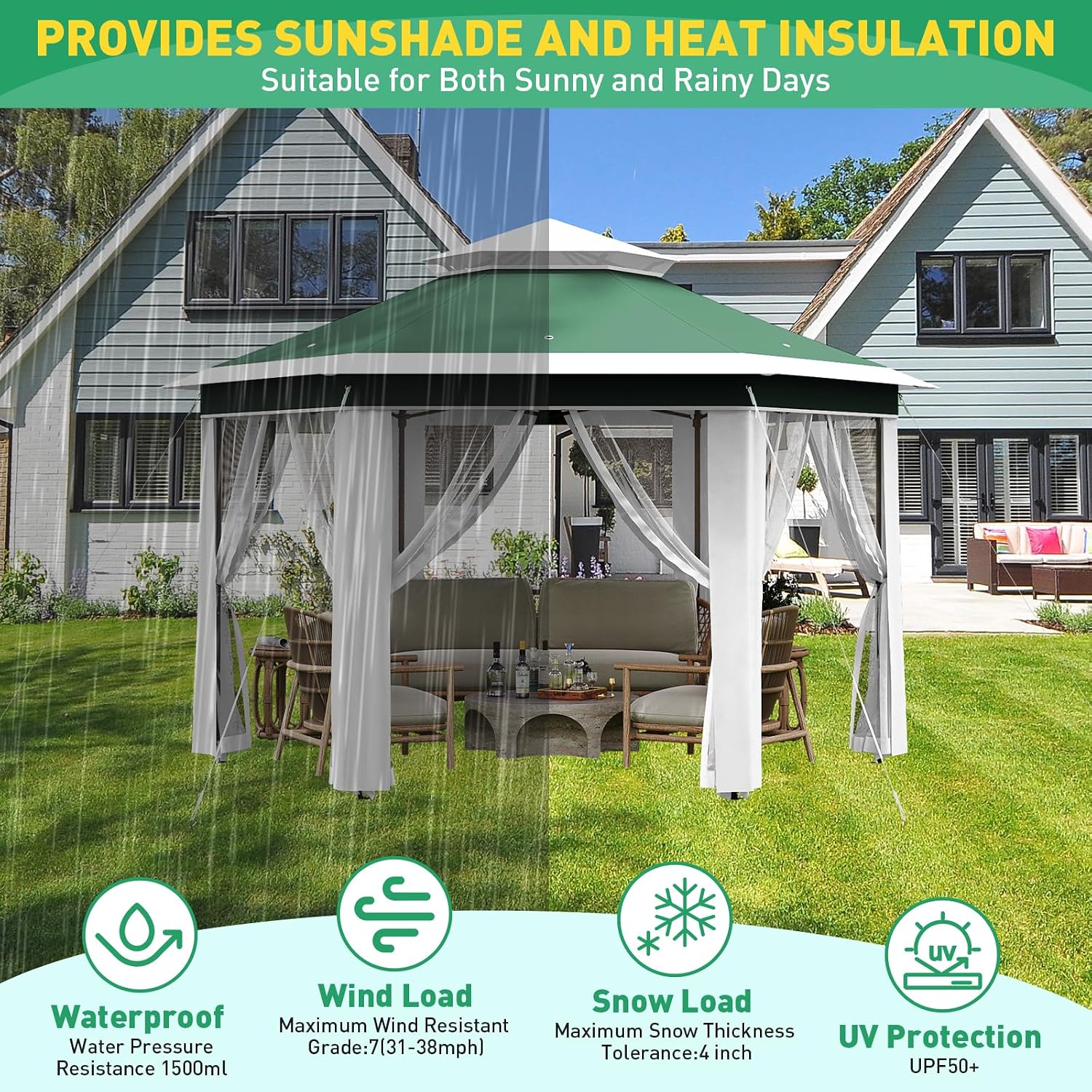 Pop-Up Gazebo 13 * 13 ft 6 Sided, Canopy Tent with Mesh Windows & Portable Carry Bag, Adjustable Tent Outdoor Pergola for Backyard & Patio Furniture (Green + Beige)