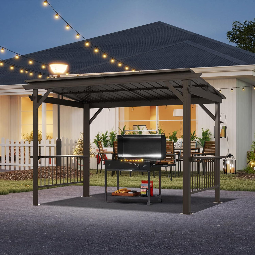 Domi 6.5x12FT Hardtop Grill Gazebo, Outdoor BBQ Gazebo with 2 Side Shelves, Sloping Steel Roof for Permanent Sun Shade with Ceiling Hooks for Patio Deck Yard Garden (Brown)