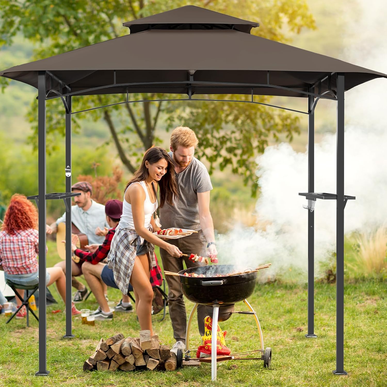 Crownland Outdoor Grill Gazebo Double Soft Top BBQ Canopy for Outdoor Barbeque Grill Tent for Patio, Garden, and Backyard(Dark Brown)