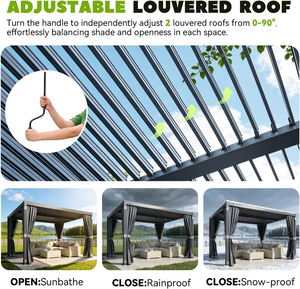 MELLCOM Louvered Pergola 10x12, Steel Aluminum Pergola with Adjustable Louvered Roofs, Outdoor Gazebo with Waterproof Curtains and Nets, Black