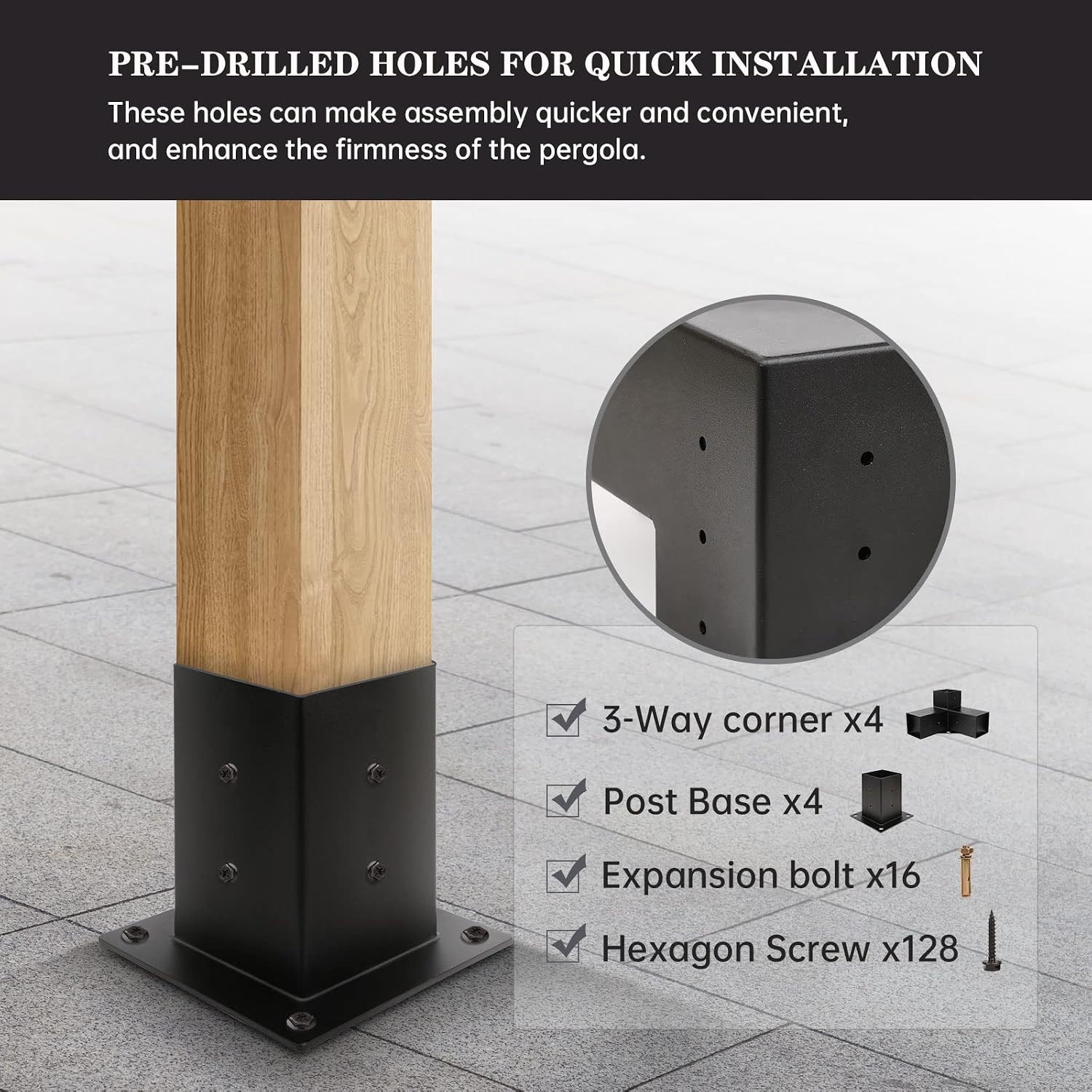 Pergola Kit, Pergola Brackets 3-Way Right Angle Corner Bracket Woodworks DIY Post Base Kit, Wooden Beams for Gazebos Patio Pergolas Log Cabin