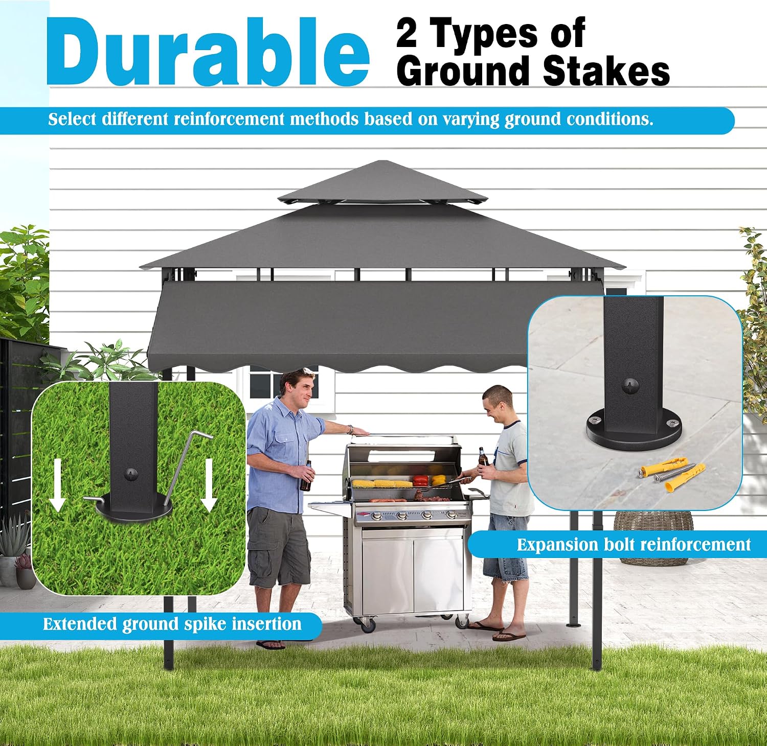 TITIMO 8'x 8' x 7.8' Double Tiered Grill Gazebo with Side Awning,Outdoor Patio BBQ Pergola, Heavy-Duty Metal Frame Canopy Tent with Side Shelves,Hooks,Bottle Opener for Lawn Deck and Garden (Gray)