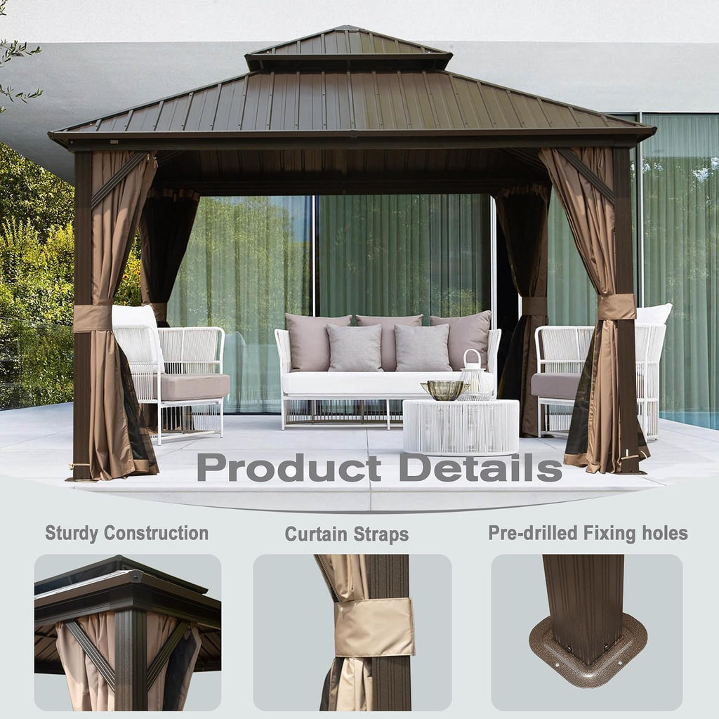 Domi 12' x 12' Hardtop Gazebo, Outdoor Metal Gazebo for Patios with Galvanized Steel Double Roof, Heavy Duty Curtains and Netting Included, Permanent Pergola for Backyard, Garden Lawn, Brown