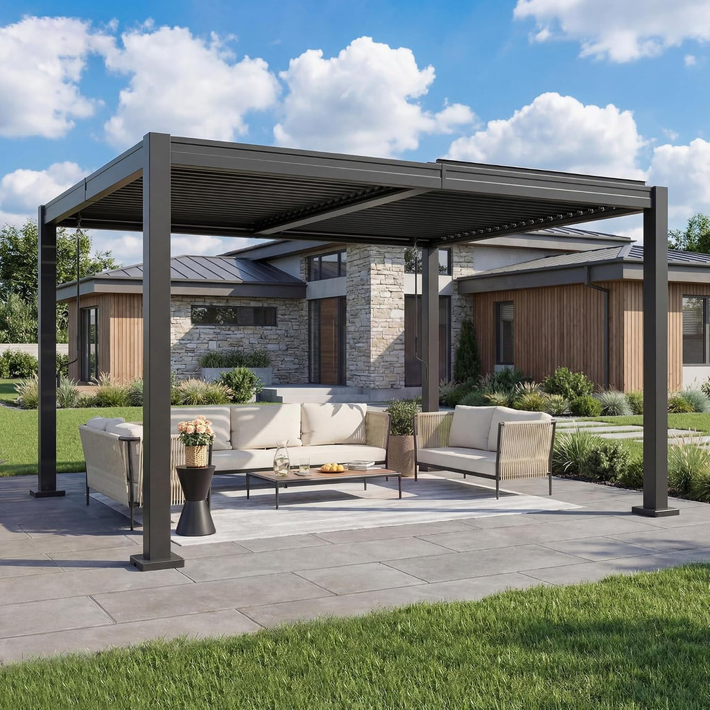 AirWire 10x12 FT Louvered Pergola, Outdoor Pergola with 2 Independent Adjustable Roof and Drainage System, Metal Patio Pavilion, Hardtop Gazebo for Patio, Deck, Garden, Dark Gray