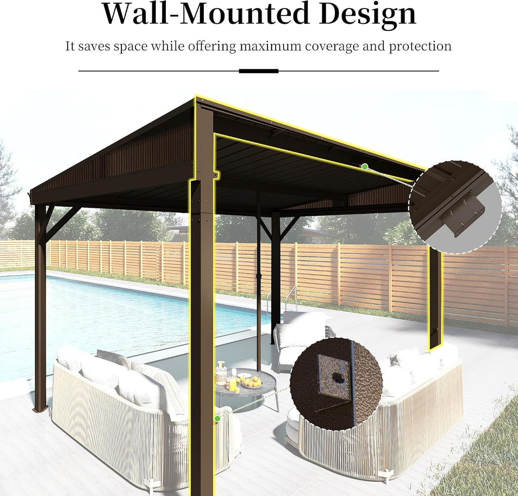 Domi 8x12FT Lean to Gazebo, Outdoor Hardtop Wall Mounted Gazebo with Sloping Galvanized Steel Roof, Aluminum Frame Mounted Pavilion with Netting and Curtain Included for Deck, Porch, Backyard