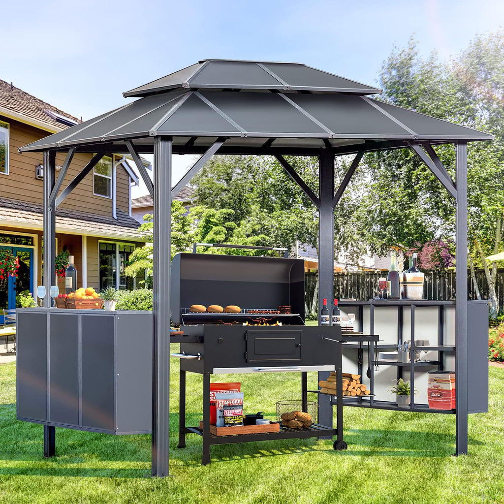 MELLCOM Grill Gazebo 8 x 6 FT Permanent Outdoor Aluminum Patio Gazebo with Aluminum Composite Double Roof for Patio Lawn and Garden with Ceiling Hooks and Shelves