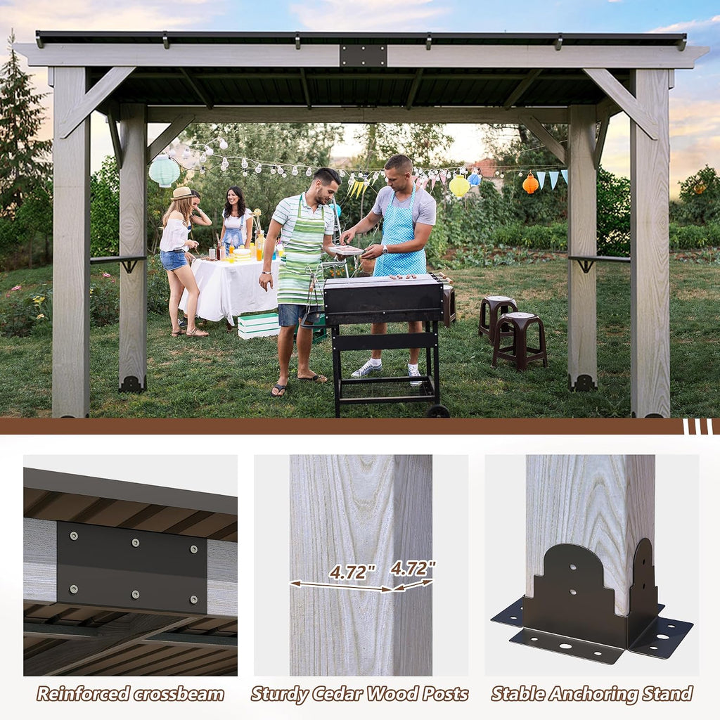 6.5x12.5 FT Wood Grill Gazebo, BBQ Wooden Gazebo with Hardtop Galvanized Steel Roof, Outdoor Cedar Wood Gazebos with 2 Side Shelves for Barbecue, Garden, Deck