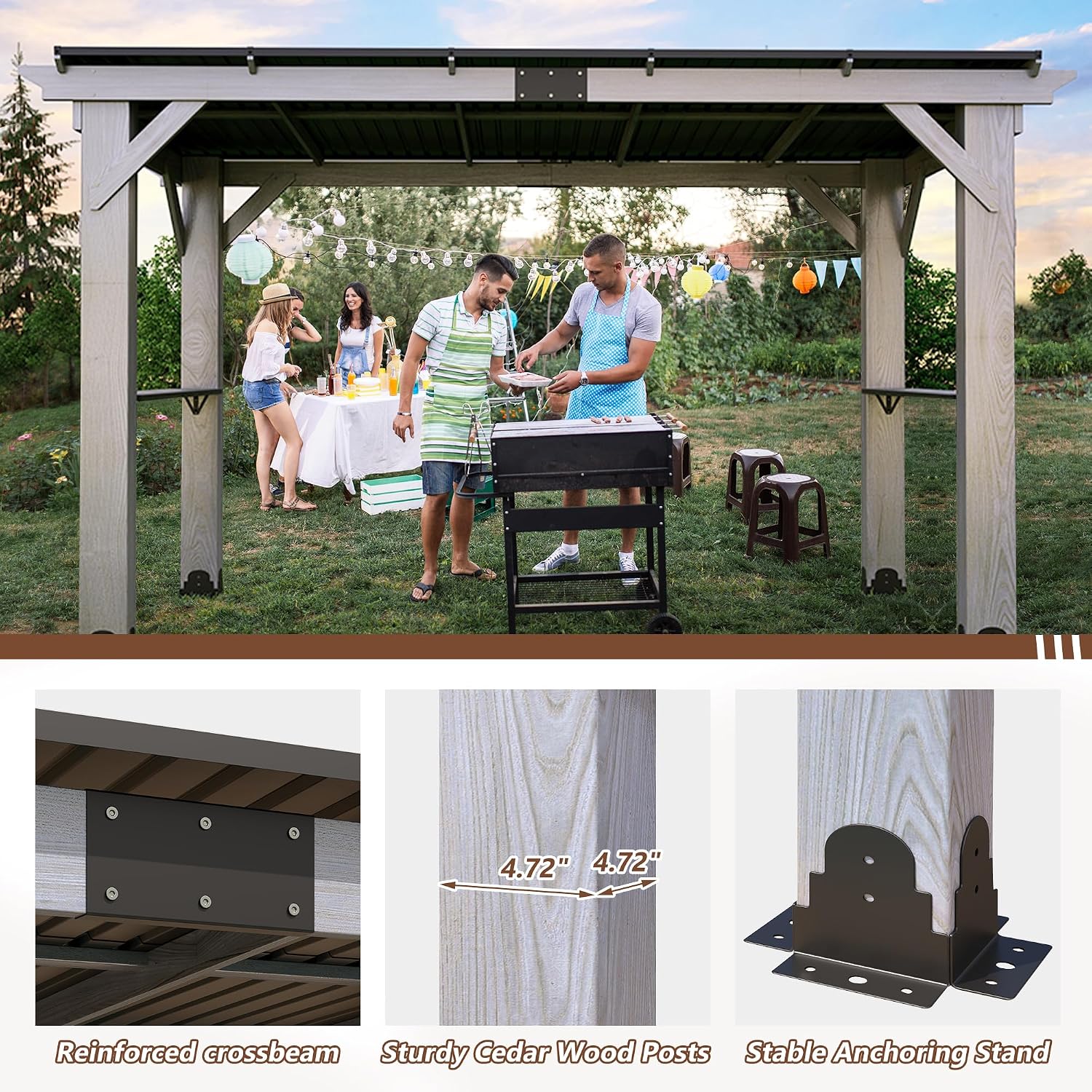 6.5x12.5 FT Wood Grill Gazebo, BBQ Wooden Gazebo with Hardtop Galvanized Steel Roof, Outdoor Cedar Wood Gazebos with 2 Side Shelves for Barbecue, Garden, Deck