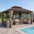 Domi 12x14 Outdoor Gazebo, Hardtop Gazebo with Aluminum Frame, Heavy Duty Pavilion Gazebo for Patio Deck Backyard, Curtain and Netting Included, Dark Brown