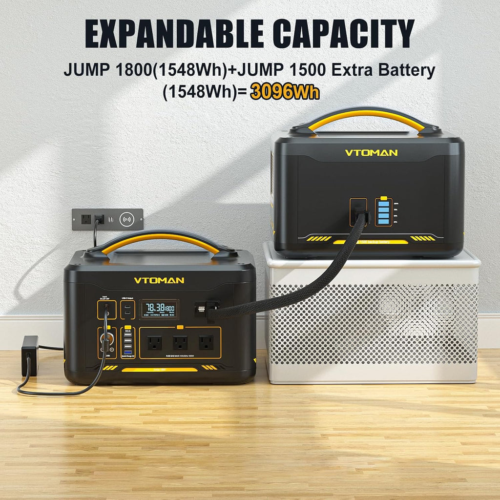 VTOMAN 3096Wh Solar Generator with 200W Solar Panel & Extra Battery, 1800W (Peak 3600W) LiFePO4 Battery Large Capacity Portable Power Station for Power Outages, RV, Camping, Backup, Emergencies