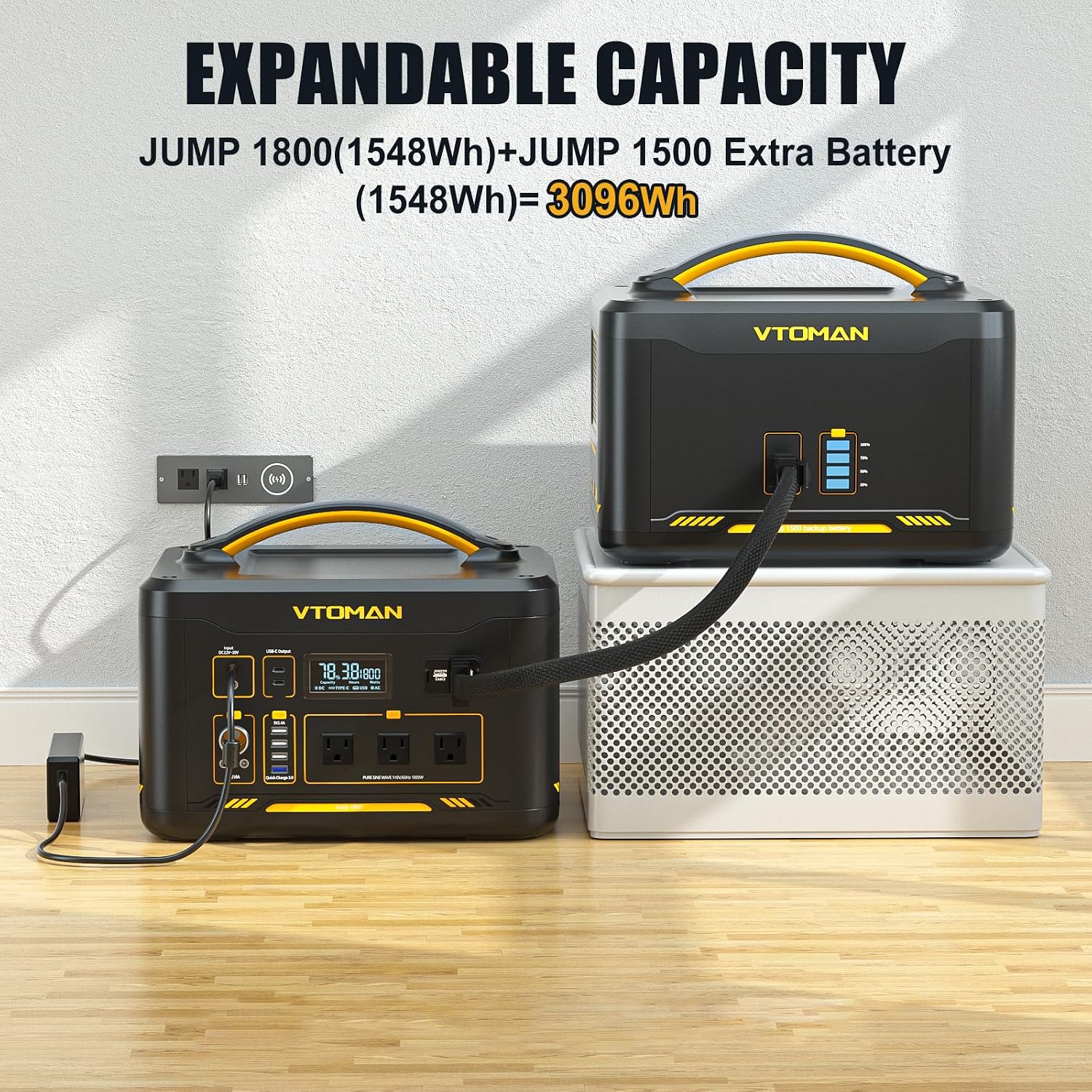 VTOMAN 3096Wh Solar Generator with 200W Solar Panel & Extra Battery, 1800W (Peak 3600W) LiFePO4 Battery Large Capacity Portable Power Station for Power Outages, RV, Camping, Backup, Emergencies