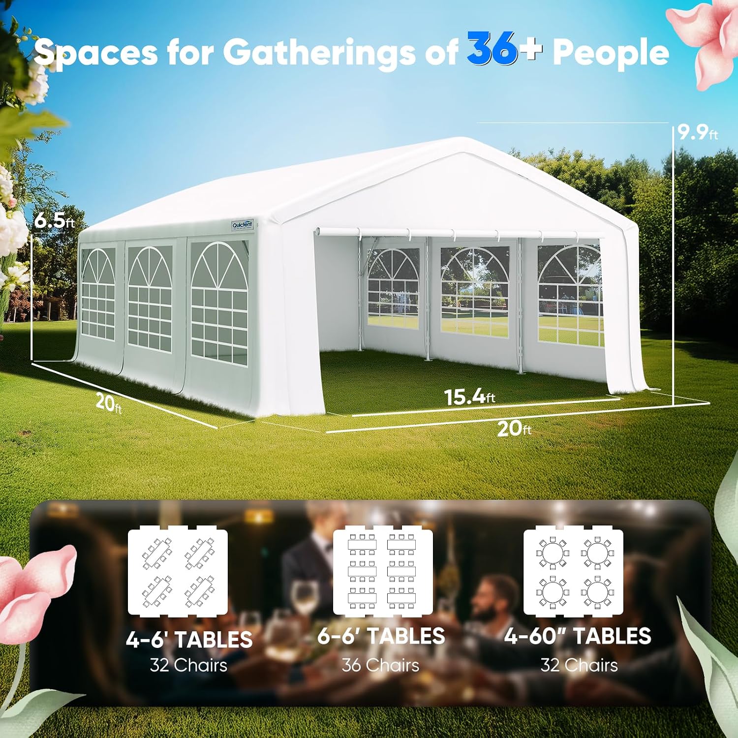 Quictent 20x20ft Party Tent Heavy Duty Outdoor Gazebo White Wedding Tent Canopy Event Shelter Carport with Removable Sidewalls& Carry Bags