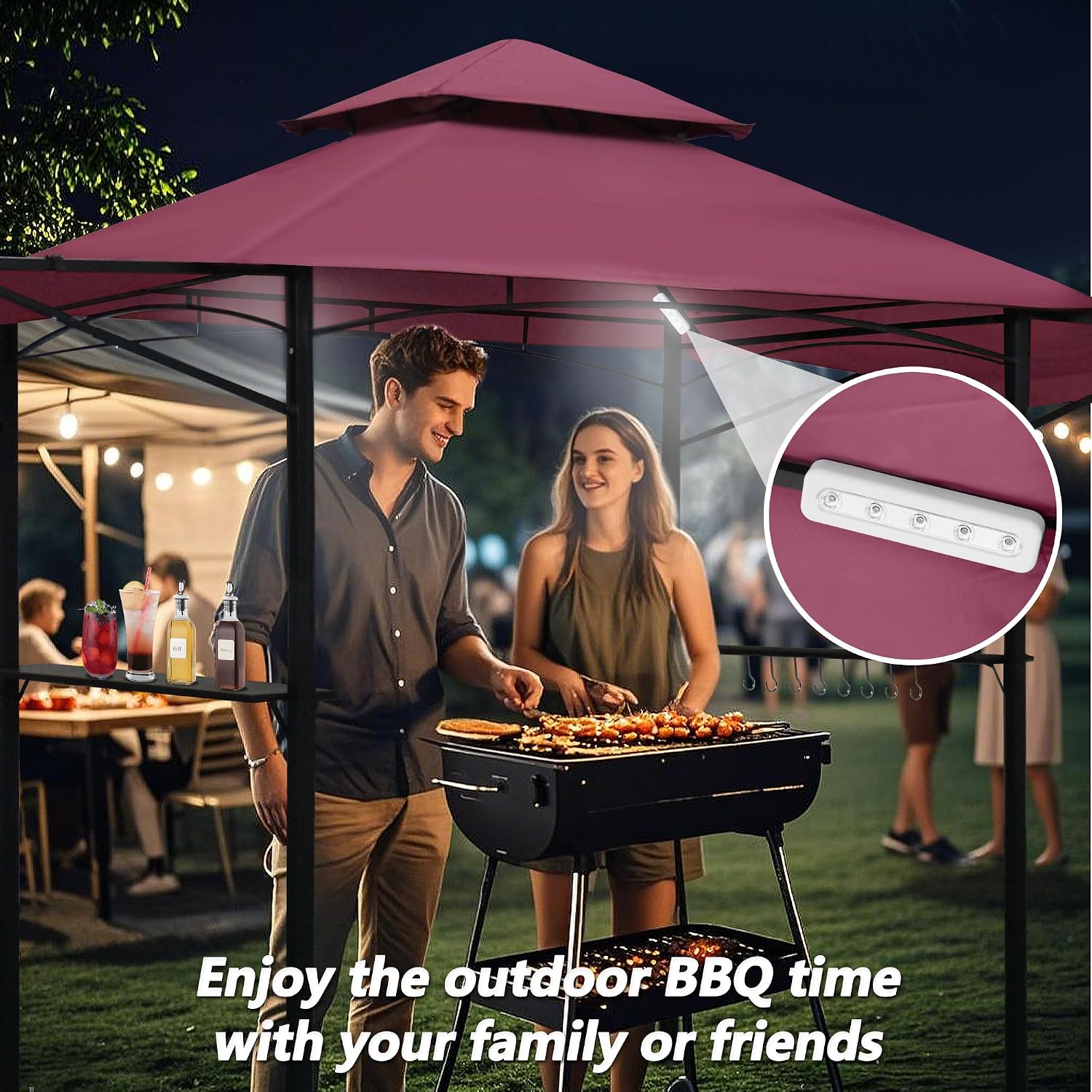 14 x 5Ft Grill Gazebo Outdoor BBQ Gazebo Canopy with Dual Side Awnings Double Tiered Grill Canopy for Patio, Garden, Beach (Red)