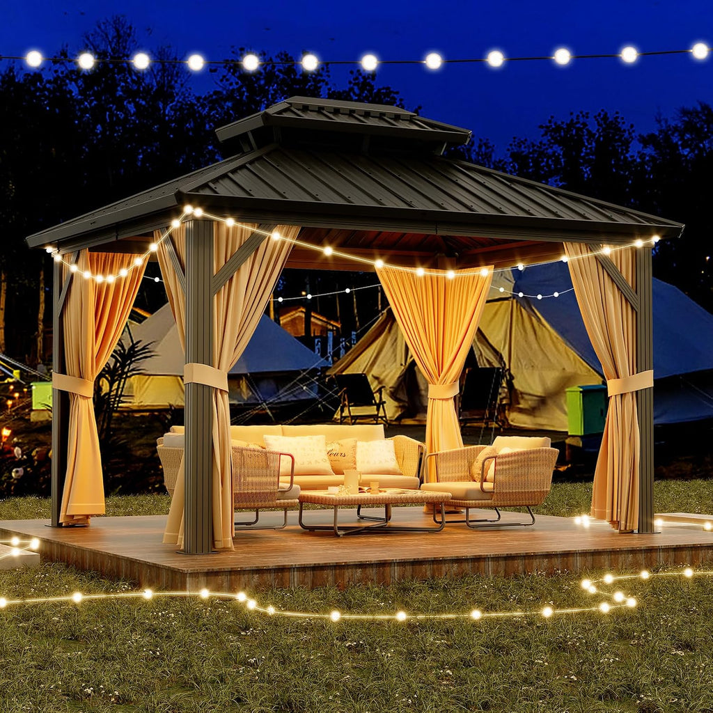 10X12 FT Outdoor Galvanised Steel Hardtop Gazebo, Heavy Duty Double Roof Outdoor Gazebo with Netting and Sunshade Curtains, Aluminium Framed Gazebo for Patio, Terrace, Lawn and Deck, Khaki