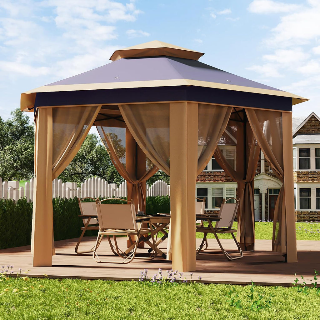 Pop-Up Gazebo 13 * 13 ft 6 Sided, Canopy Tent with Mesh Windows & Portable Carry Bag, Adjustable Tent Outdoor Pergola for Backyard & Patio Furniture (Khaki)