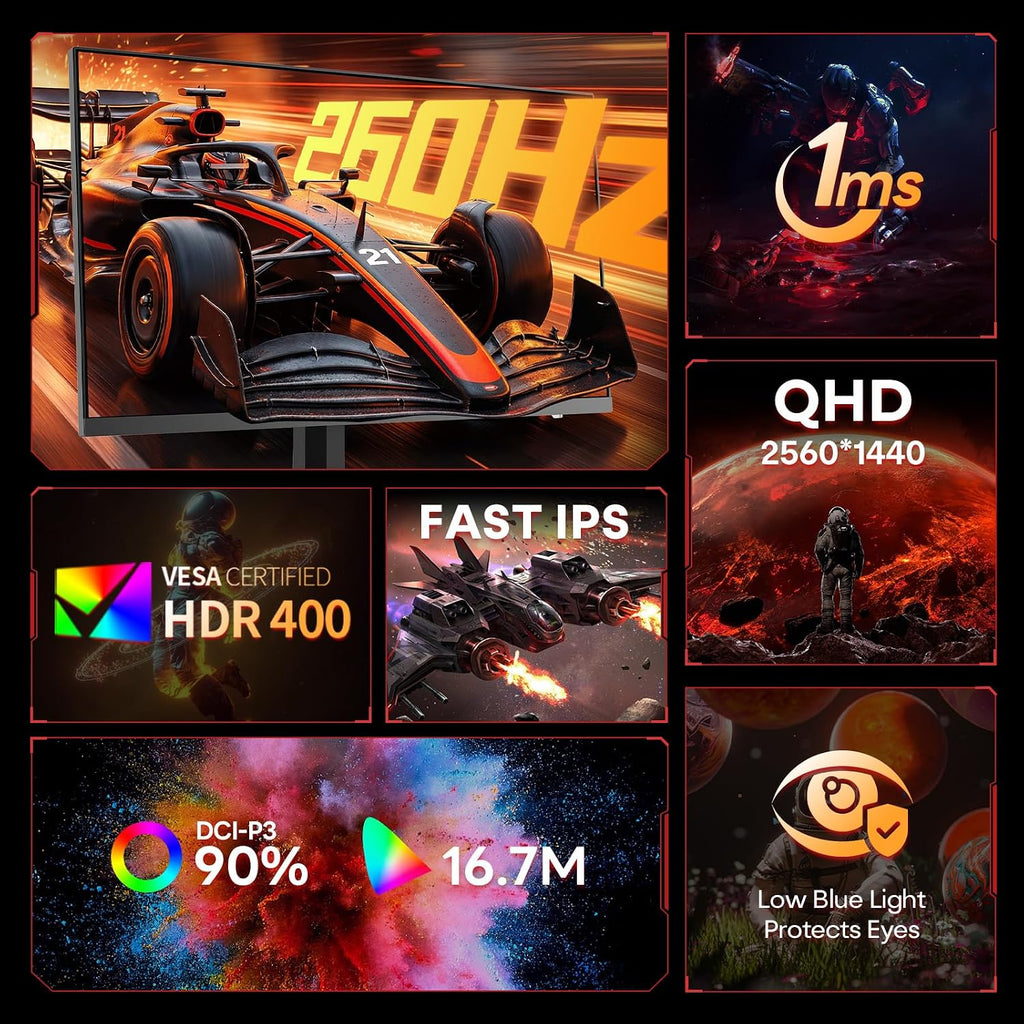 KOORUI 27 inch QHD Gaming Monitor 260hz/240hz, 1440p,HDR400,Fast IPS,2560X1440, 1ms, VESA Mountable, Adaptive Sync, HDMI & DP, 120% sRGB, Eye-Cared, G2721X