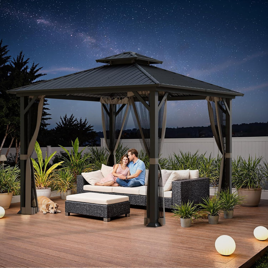 10x10 Hardtop Gazebo, Metal Gazebo with Frame, Outdoor Gazebos with Mosquito Net, Double Roof Hard Top Gazebos for Patios