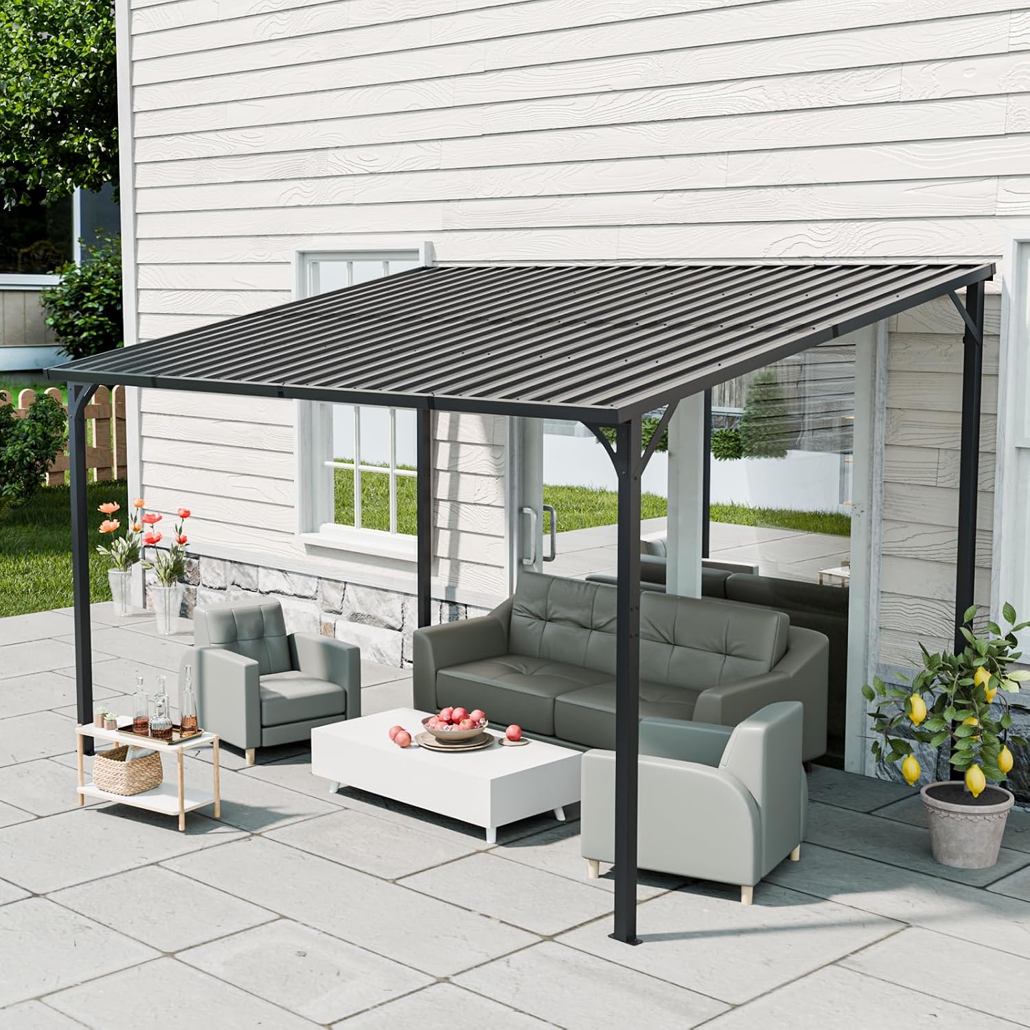 Patio Lean to Gazebo with Galvanized Steel Roof, 12x8 FT Outdoor Metal Wall-Mounted Pergola for Garden, Lawn, Poolside, Backyard Deck