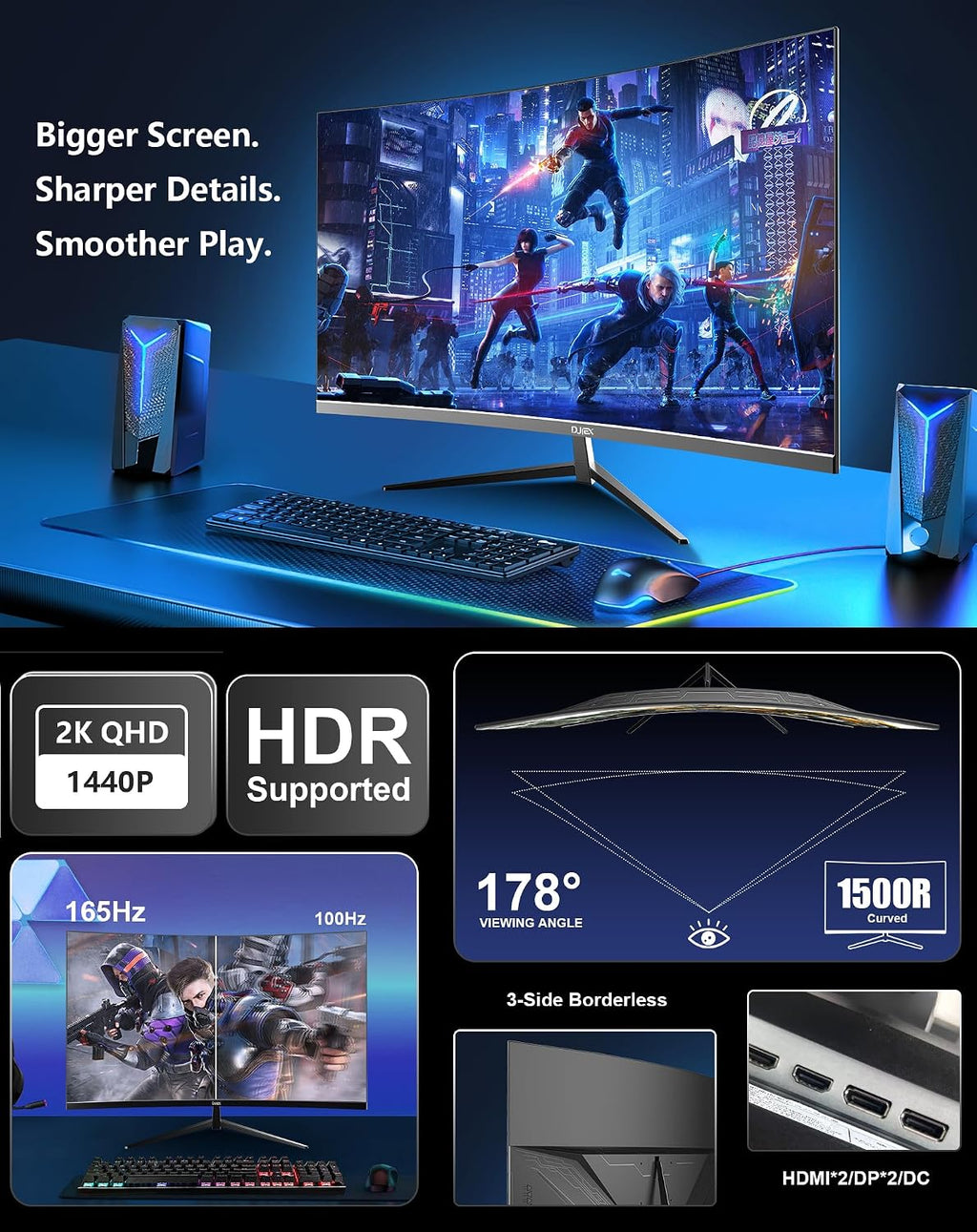 32 Inch Curved Gaming Monitor, QHD 2560x1440 2K Display, 165Hz Refresh Rate, 1500R Curved Screen, 3500:1 Contrast, HDMI and DisplayPort, 16:9 Large Monitor for PC, Console, Work and Entertainment