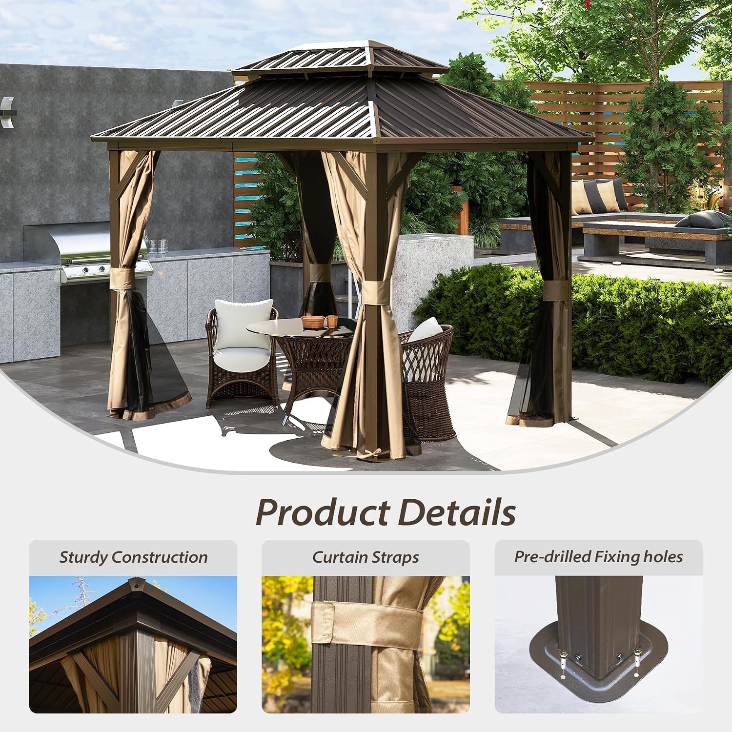 Domi 8x8FT Outdoor Gazebo, Patio Gazebo with Galvanized Steel, Hardtop Gazbo for Patio, Deck, Backyard, Curtain and Netting Included