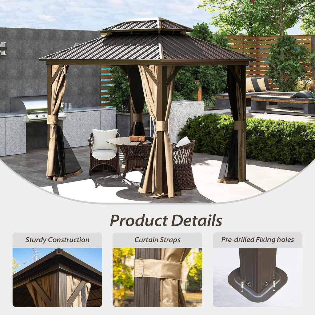 Domi 8x8FT Outdoor Gazebo, Patio Gazebo with Galvanized Steel, Hardtop Gazbo for Patio, Deck, Backyard, Curtain and Netting Included