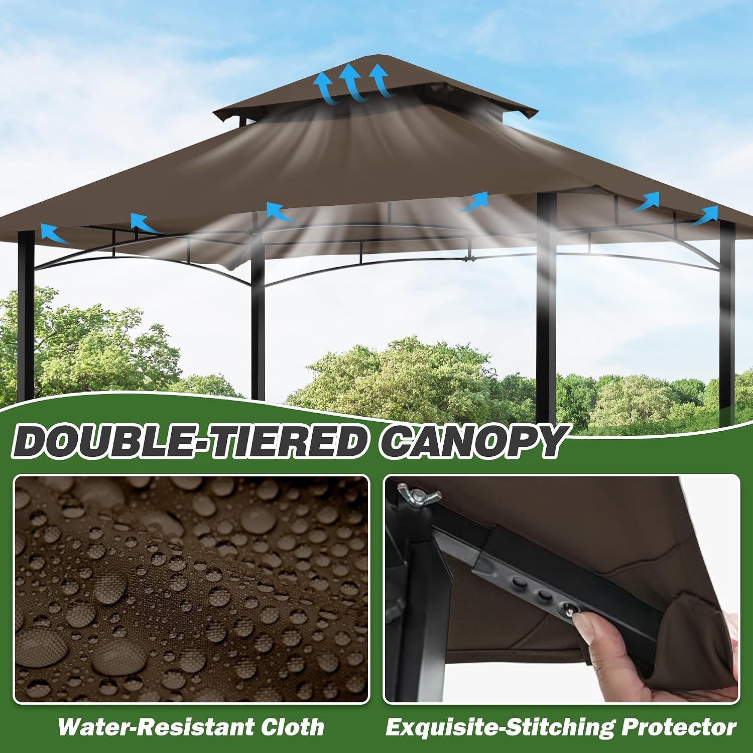 GARTOO 8'x5' Outdoor Grill Gazebo - Double Roof BBQ Gazebo Canopy with 2 Side Shelves and LED Lights, Patio BBQ Pergola Shelter for Garden, Porch and Backyard (Brown)