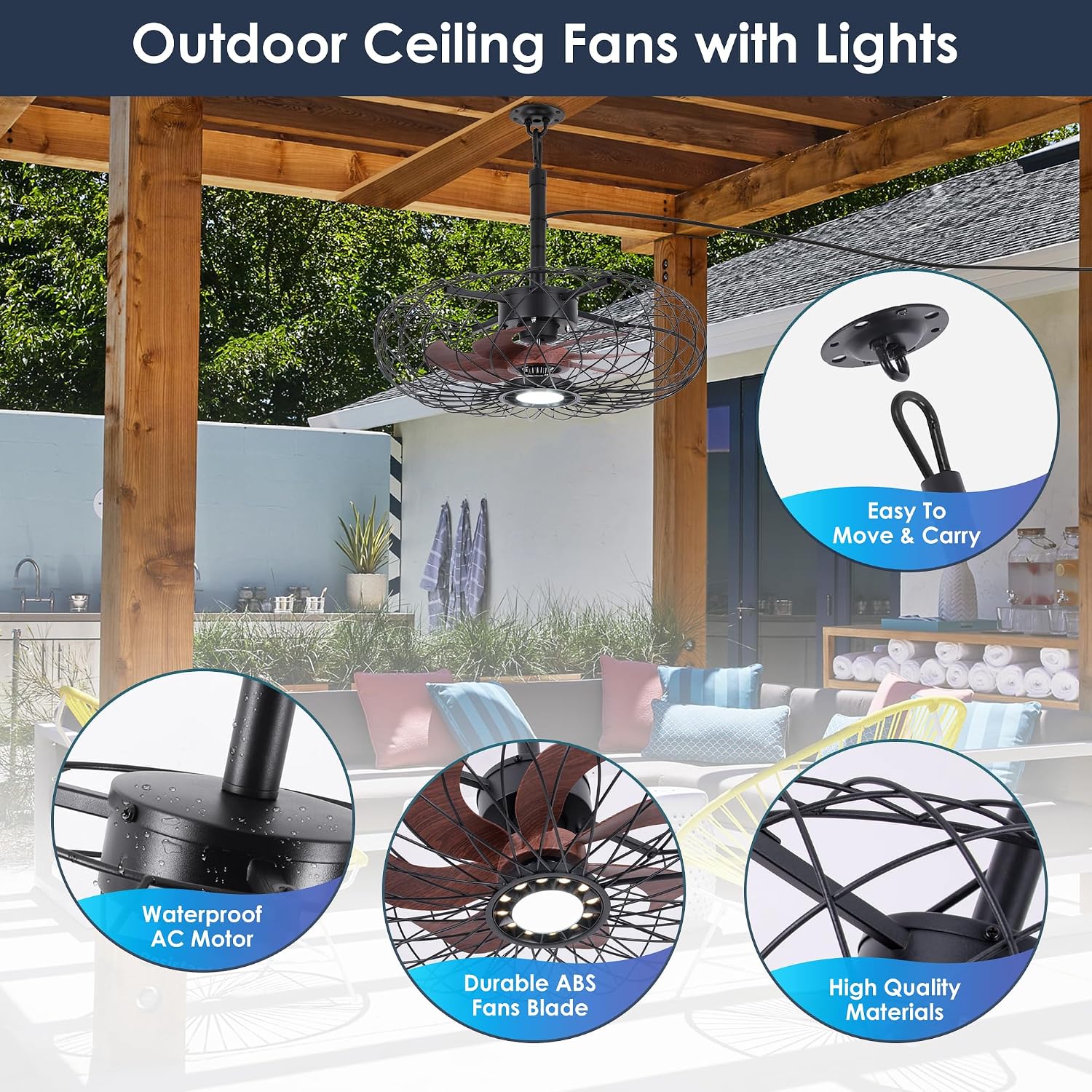 Miuyhji Black Outdoor Ceiling Fans with LED Light, 20' Waterproof Gazebo Fan Plug in Caged Industrial Fandelier Ceiling Fan with Remote, 6 Speeds Adjustable Height Fan for Bedroom Living Room Pergola